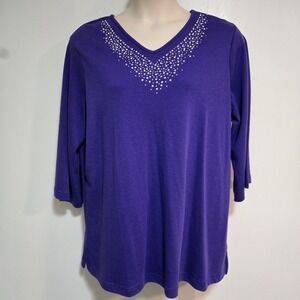 Quaker Factory Plus Sz 2X Purple Cotton Embellished V-neck Tunic Top A265608 NEW